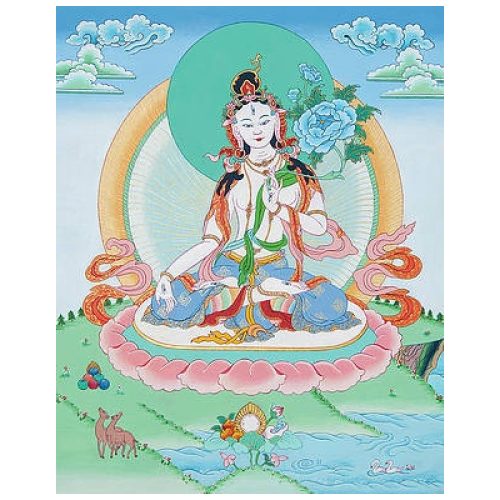 White Tara Print on Canvas 51x42cm - Light Blue Background